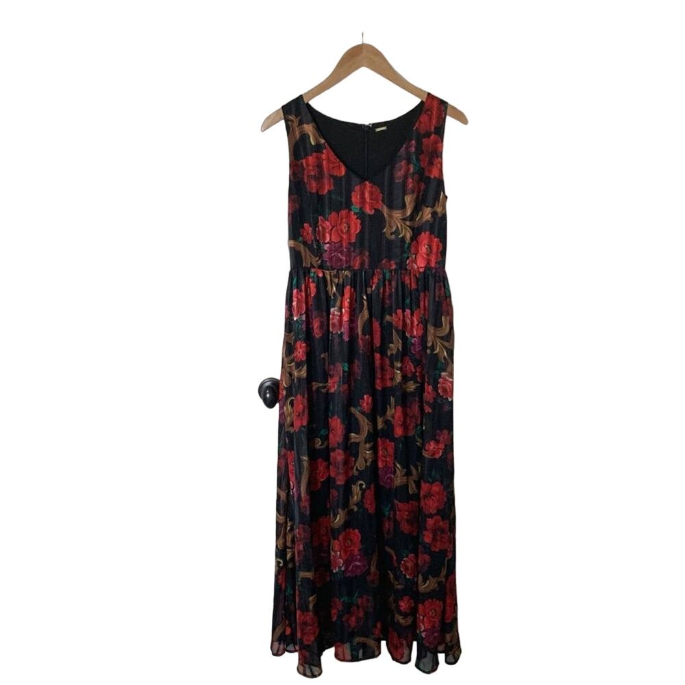 T Tahari Regal Floral Garden Print Maxi Dress in black and red, size S